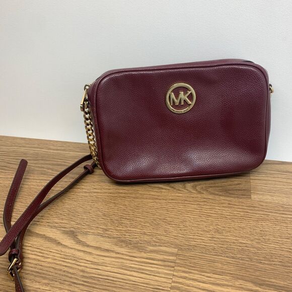 Michael Kors Fulton Crossbody Bag - Merlot, Leather Gold Accent MK Logo Strap - Picture 1 of 9